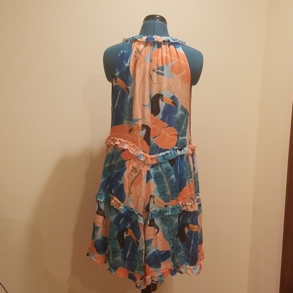 FARM Rio Brazil Orange Peach Blue Beaded Tassel Toucan Mini Dress Tropical, M - Picture 4 of 14